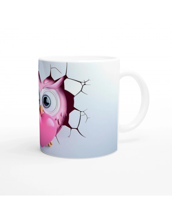 Pembe Kalp Tutan Baykuş Temalı Baskılı Kupa Bardak