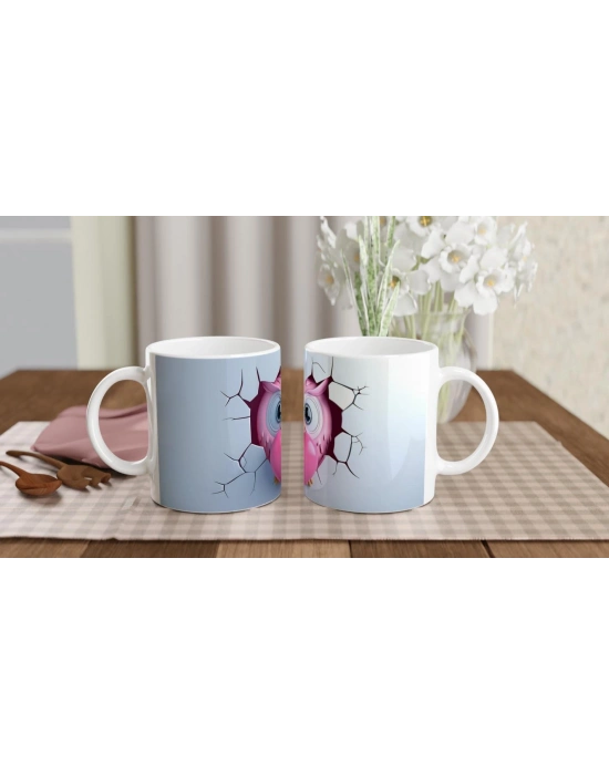 Pembe Kalp Tutan Baykuş Temalı Baskılı Kupa Bardak