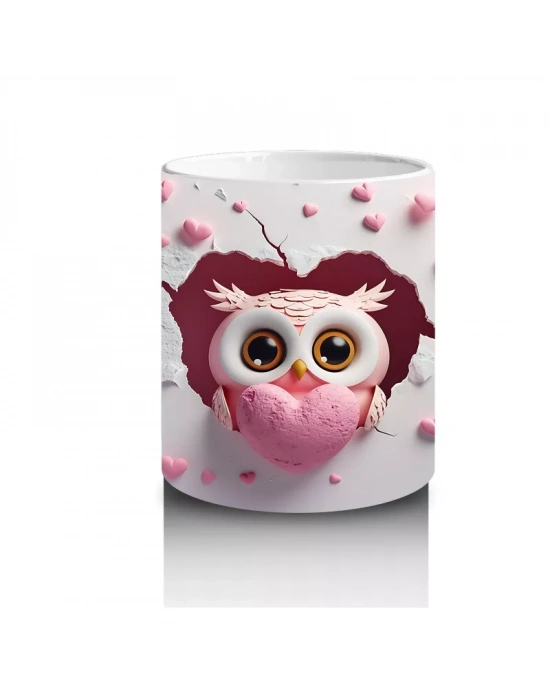 Pembe Kalp Yağmuru Altında Baykuş Maskotu – Baskılı Kahve Kupası