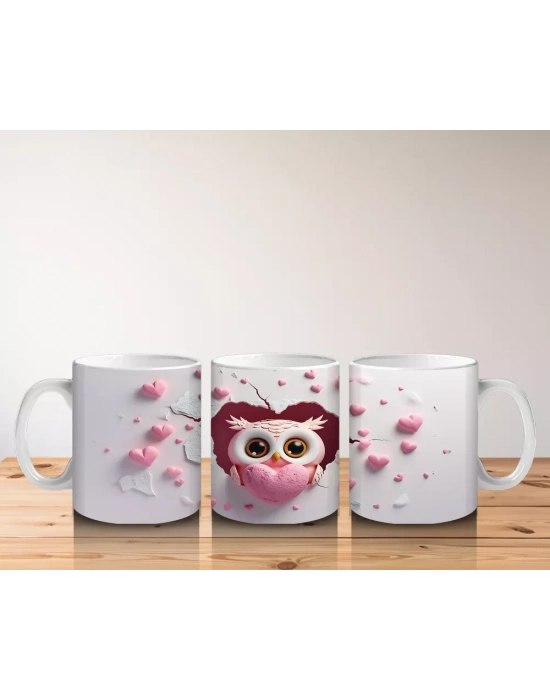 Pembe Kalp Yağmuru Altında Baykuş Maskotu – Baskılı Kahve Kupası