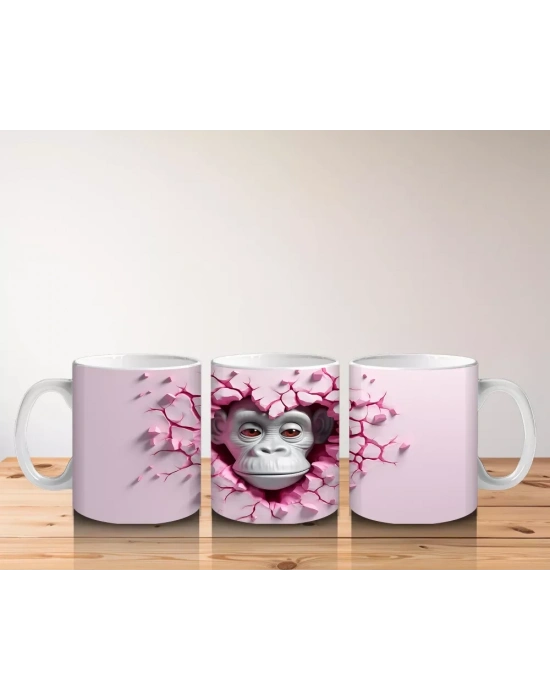 Pembe Kalpler Arasında Bakan Gri Maymun – Baskılı Kahve Kupası