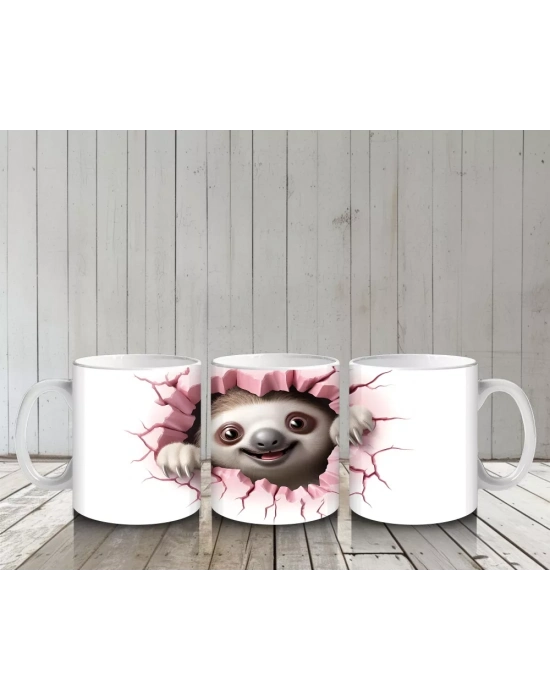 Pembe Kalpler Arasında Bakan Sevimli Tembel Hayvan – Baskılı Kahve Kupası