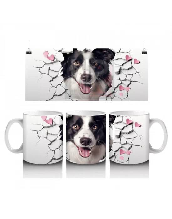 Pembe Kalpler Arasında Çatlağı Delip Bakan Border Collie - Baskılı kahve kupası