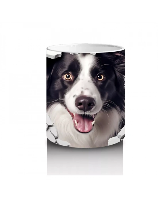 Pembe Kalpler Arasında Çatlağı Delip Bakan Border Collie - Baskılı kahve kupası