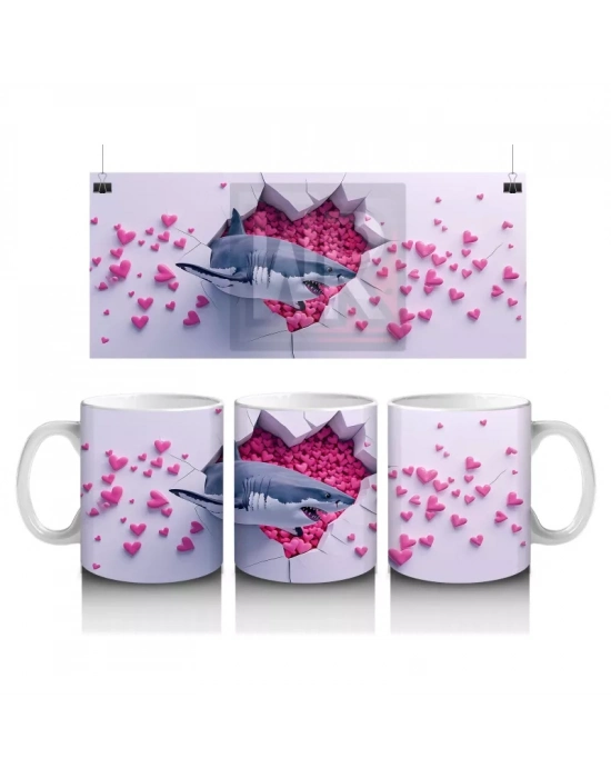 Pembe Kalpler Arasında Duvarı Delen Köpekbalığı – Baskılı Kahve Kupası