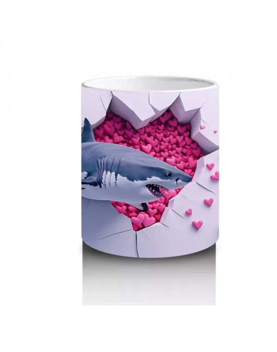 Pembe Kalpler Arasında Duvarı Delen Köpekbalığı – Baskılı Kahve Kupası