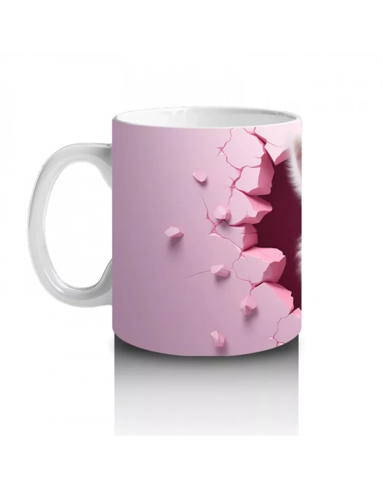 Pembe Kalpler Arasında Sevimli Beyaz Tavşan Figürü - Baskılı kahve kupası