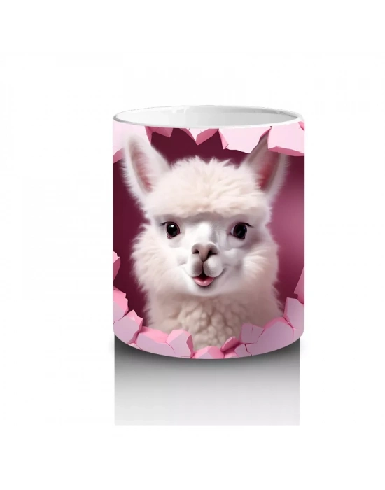 Pembe Kalpler Arasında Sevimli Beyaz Tavşan Figürü - Baskılı kahve kupası