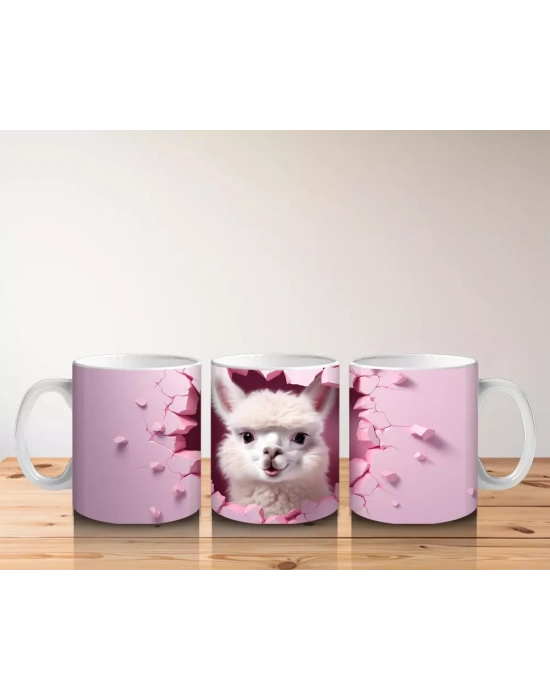 Pembe Kalpler Arasında Sevimli Beyaz Tavşan Figürü - Baskılı kahve kupası