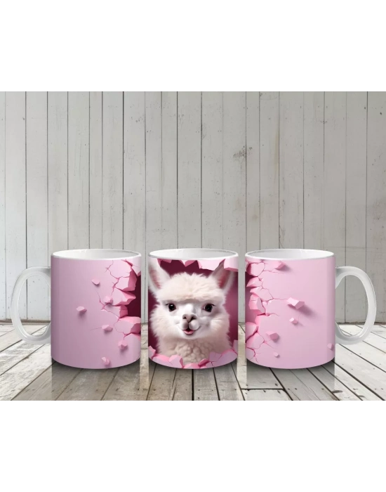 Pembe Kalpler Arasında Sevimli Beyaz Tavşan Figürü - Baskılı kahve kupası