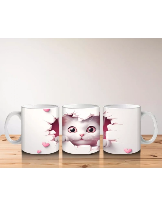 Pembe Kalpler Arasında Tatlı Kedi – Baskılı Kahve Kupası