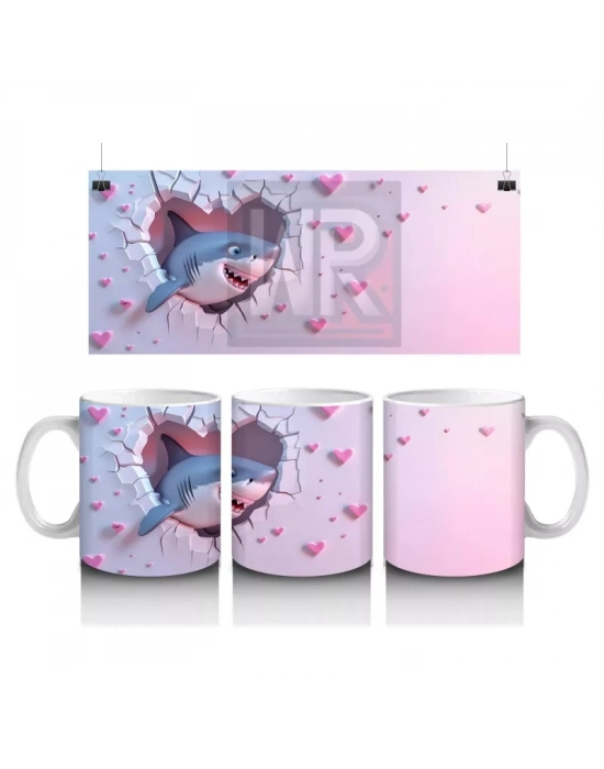 Pembe Kalpler Arasında Uçan Mavi Köpek Balığı – Baskılı Kahve Kupası