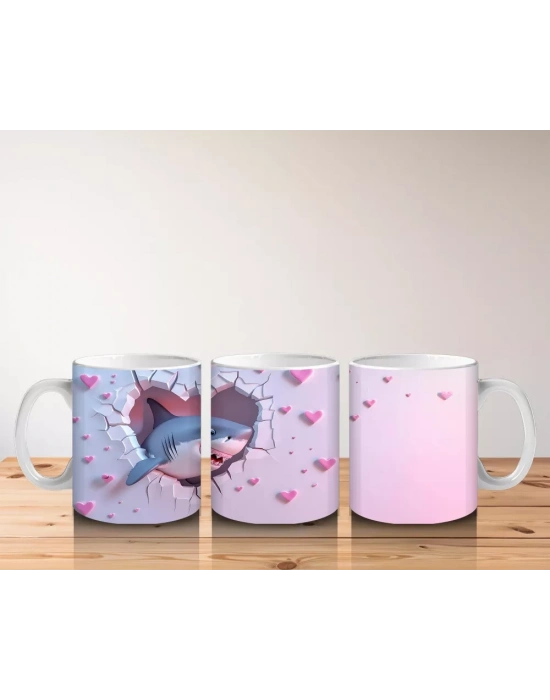Pembe Kalpler Arasında Uçan Mavi Köpek Balığı – Baskılı Kahve Kupası