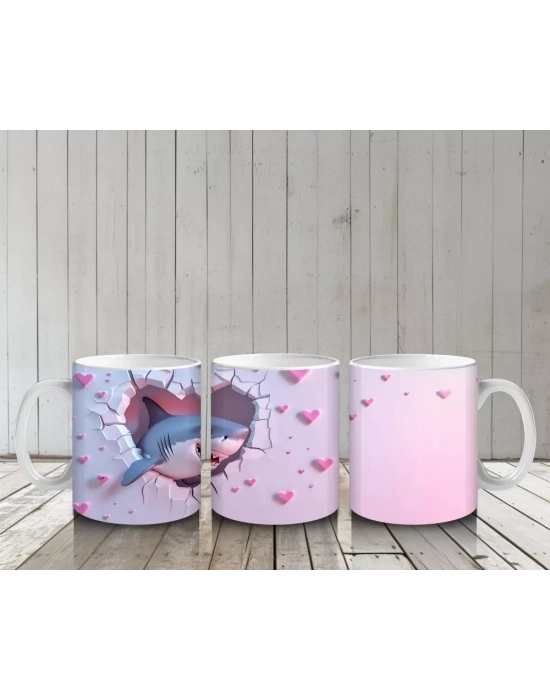 Pembe Kalpler Arasında Uçan Mavi Köpek Balığı – Baskılı Kahve Kupası