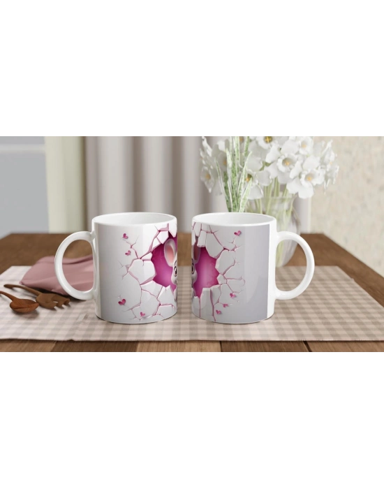 Pembe Kalpler Arasından Bakan Sevimli Fare Temalı Baskılı Kupa Bardak