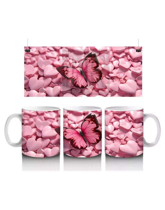 Pembe Kalpler Üzerinde Parlayan Kelebek – Baskılı Kahve Kupası