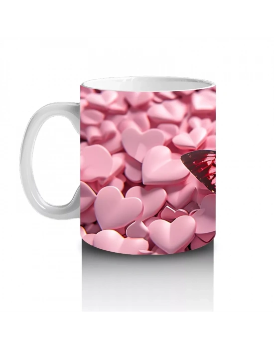 Pembe Kalpler Üzerinde Parlayan Kelebek – Baskılı Kahve Kupası