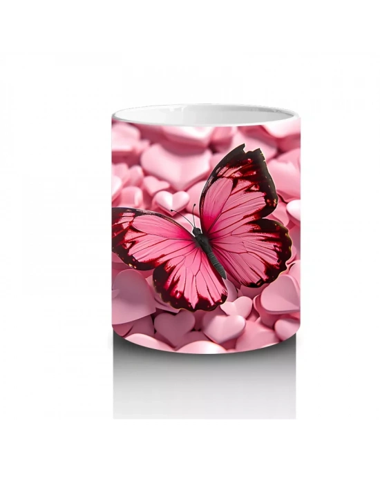 Pembe Kalpler Üzerinde Parlayan Kelebek – Baskılı Kahve Kupası