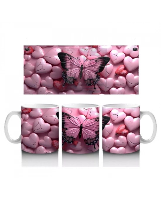 Pembe Kalpler Üzerinde Siyah Kelebek – Baskılı Kahve Kupası