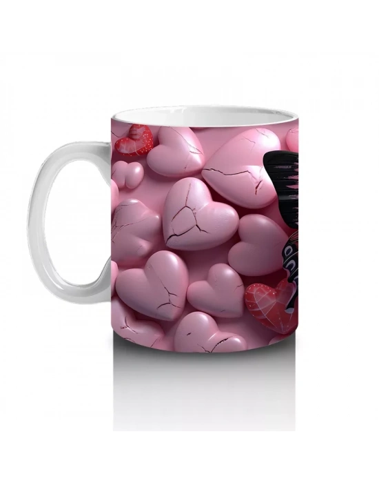 Pembe Kalpler Üzerinde Siyah Kelebek – Baskılı Kahve Kupası