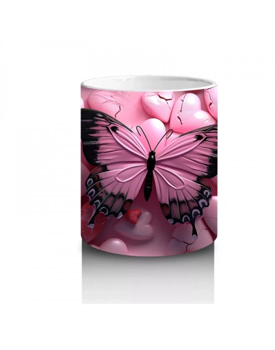 Pembe Kalpler Üzerinde Siyah Kelebek – Baskılı Kahve Kupası