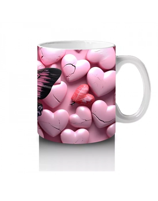 Pembe Kalpler Üzerinde Siyah Kelebek – Baskılı Kahve Kupası