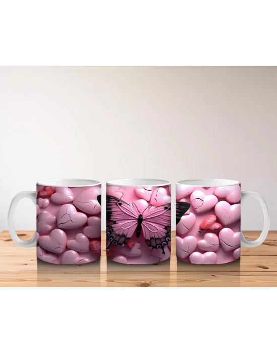 Pembe Kalpler Üzerinde Siyah Kelebek – Baskılı Kahve Kupası