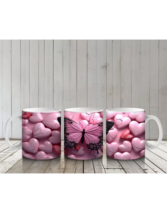 Pembe Kalpler Üzerinde Siyah Kelebek – Baskılı Kahve Kupası