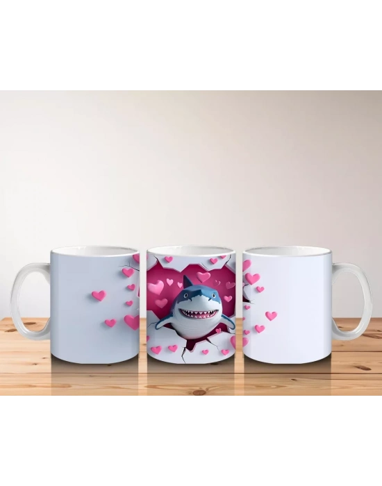 Pembe Kalpler Yağmurunda Neşeli Köpek Balığı – Baskılı Kahve Kupası