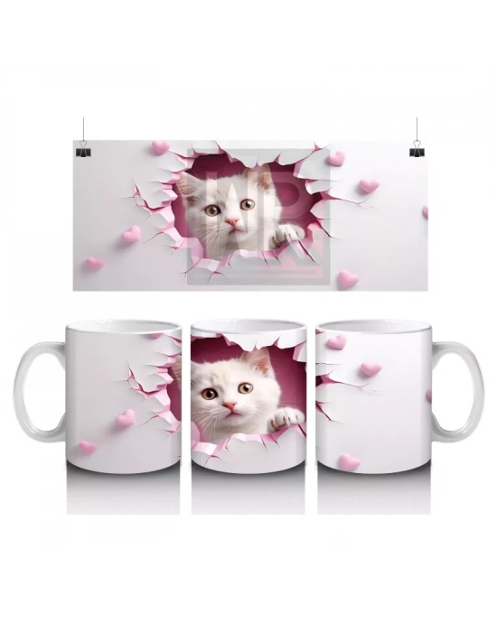 Pembe Kalplerle Çevrili Çift Yavru Kedi – Baskılı Kahve Kupası