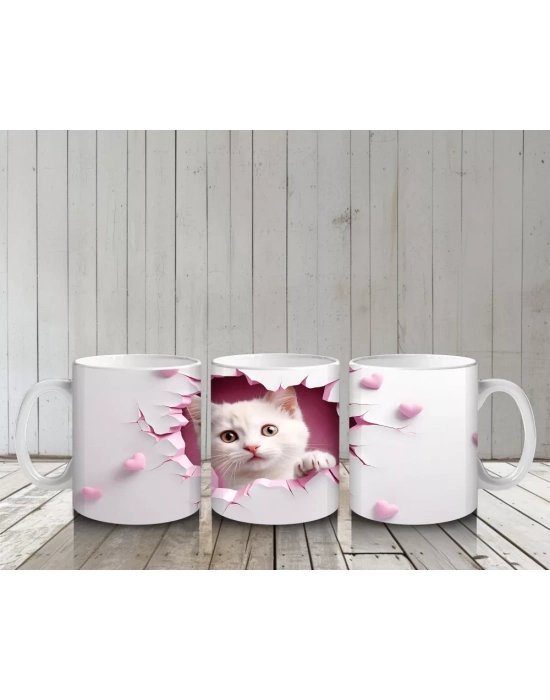 Pembe Kalplerle Çevrili Çift Yavru Kedi – Baskılı Kahve Kupası