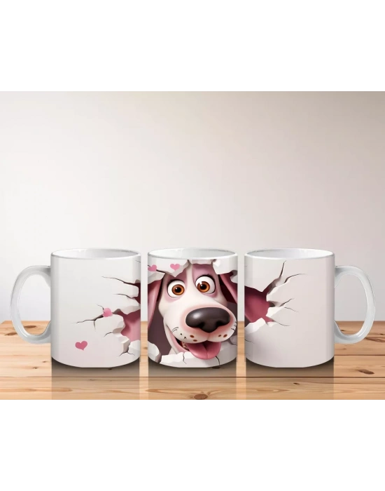 Pembe Kalplerle Çevrili Gülümseyen Karikatür Köpek - Baskılı kahve kupası