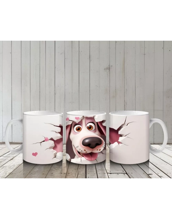 Pembe Kalplerle Çevrili Gülümseyen Karikatür Köpek - Baskılı kahve kupası