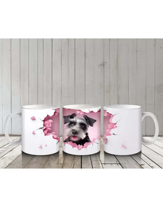 Pembe Kalplerle Çevrili Schnauzer Cinsi Sevimli Köpek - Baskılı kahve kupası