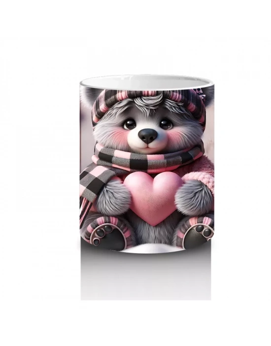 Pembe Kalplerle Süslenmiş Ayıcık – Baskılı Kahve Kupası