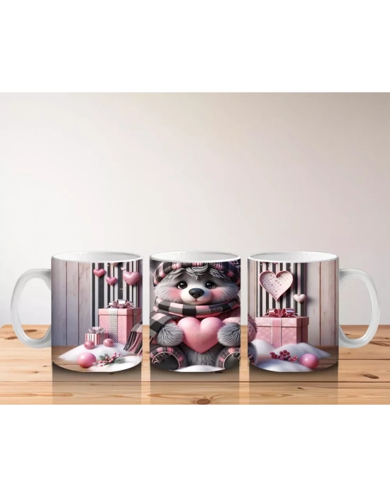 Pembe Kalplerle Süslenmiş Ayıcık – Baskılı Kahve Kupası