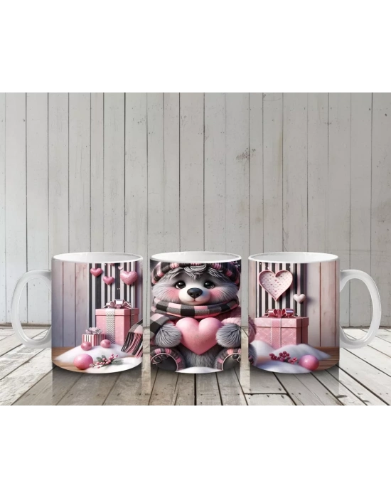 Pembe Kalplerle Süslenmiş Ayıcık – Baskılı Kahve Kupası