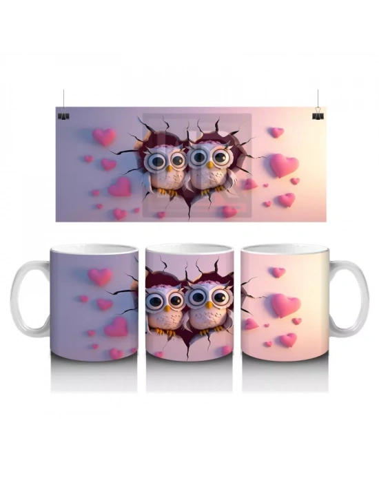 Pembe Kalplerle Süslenmiş Baykuşlar – Baskılı Kahve Kupası