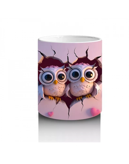 Pembe Kalplerle Süslenmiş Baykuşlar – Baskılı Kahve Kupası