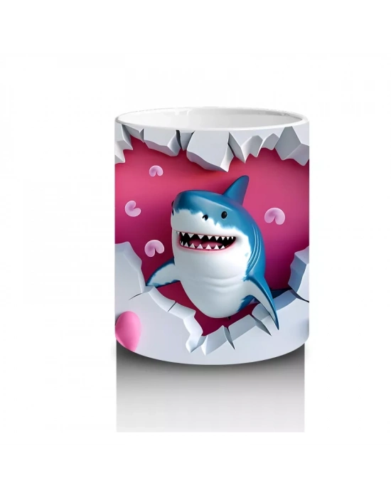 Pembe Kalplerle Süslenmiş Gülümseyen Köpekbalığı – Baskılı Kahve Kupası