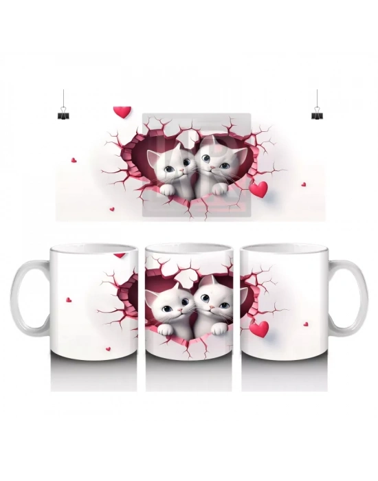 Pembe Kalplerle Süslenmiş İki Beyaz Kedi - Baskılı kahve kupası