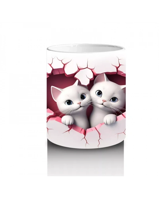 Pembe Kalplerle Süslenmiş İki Beyaz Kedi - Baskılı kahve kupası