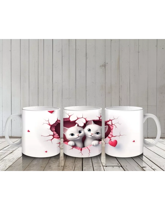 Pembe Kalplerle Süslenmiş İki Beyaz Kedi - Baskılı kahve kupası
