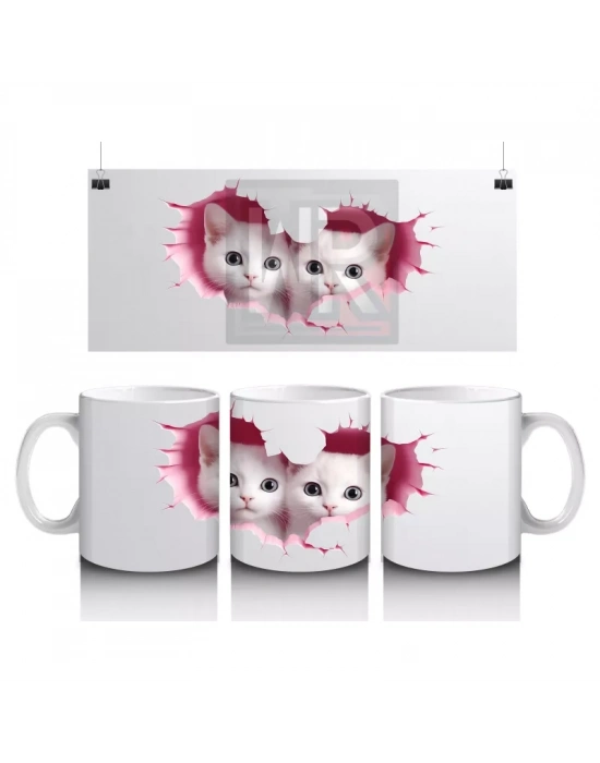 Pembe Kalplerle Süslenmiş İkiz Kedi Yavruları – Baskılı Kahve Kupası