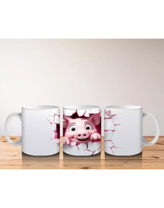 Pembe Kalplerle Süslenmiş Mutlu Domuscuk – Baskılı Kahve Kupası