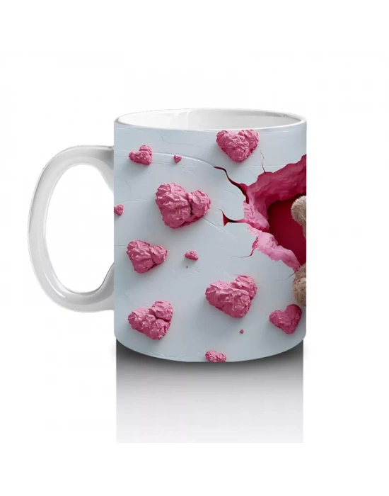 Pembe Kalplerle Süslenmiş Peluş Ayılar – Baskılı Kahve Kupası