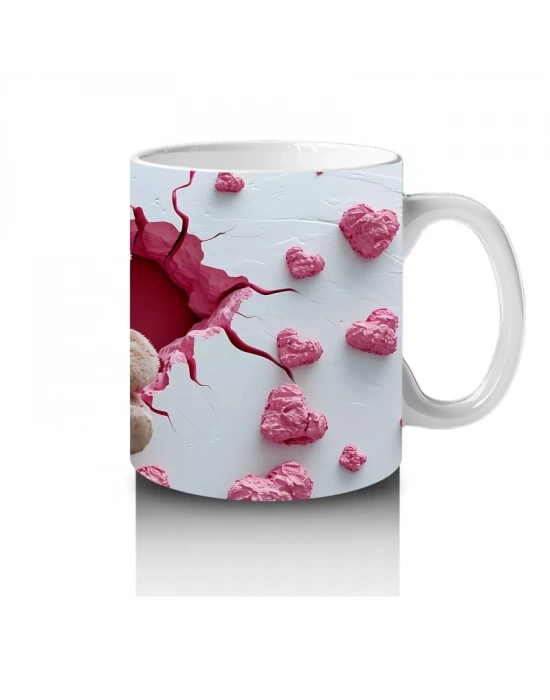 Pembe Kalplerle Süslenmiş Peluş Ayılar – Baskılı Kahve Kupası