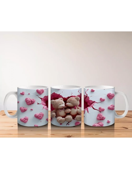 Pembe Kalplerle Süslenmiş Peluş Ayılar – Baskılı Kahve Kupası
