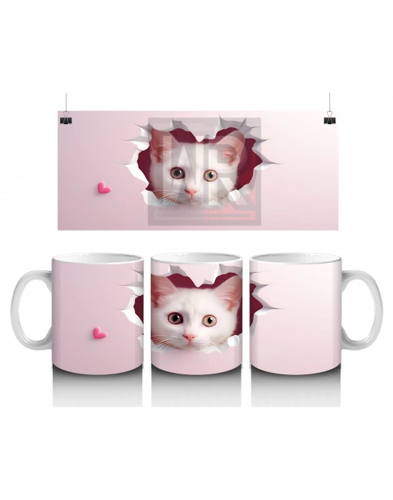 Pembe Kalplerle Süslenmiş Sevimli Kedi – Baskılı Kahve Kupası