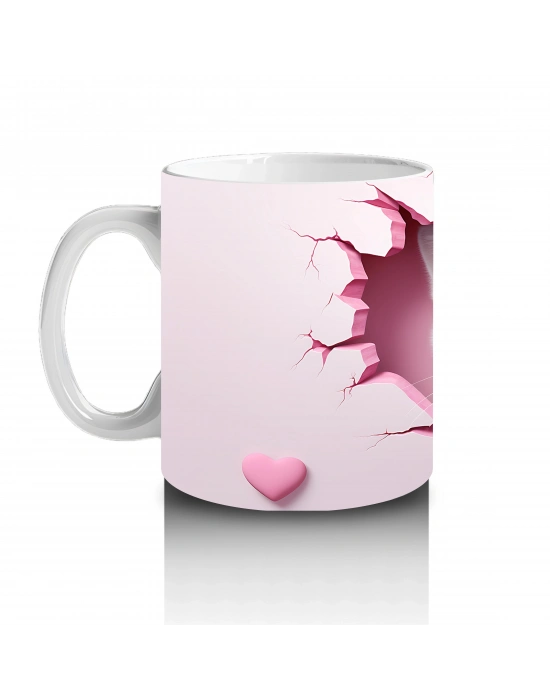 Pembe Kalplerle Süslenmiş Sevimli Kedi – Baskılı Kahve Kupası